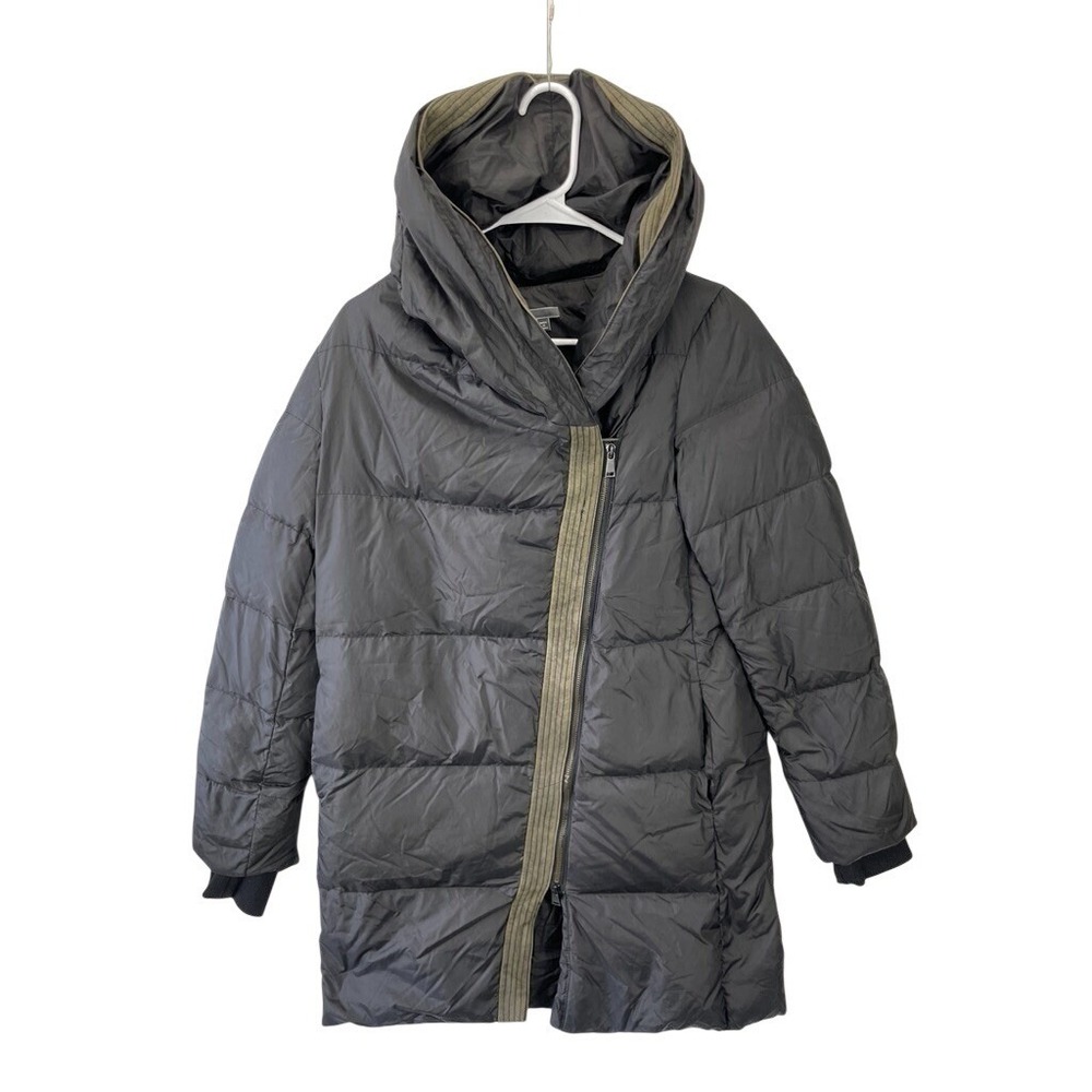 Vince Asymmetrical Down Puffer Coat Womens XS Black Hooded Insulated Warm Parka